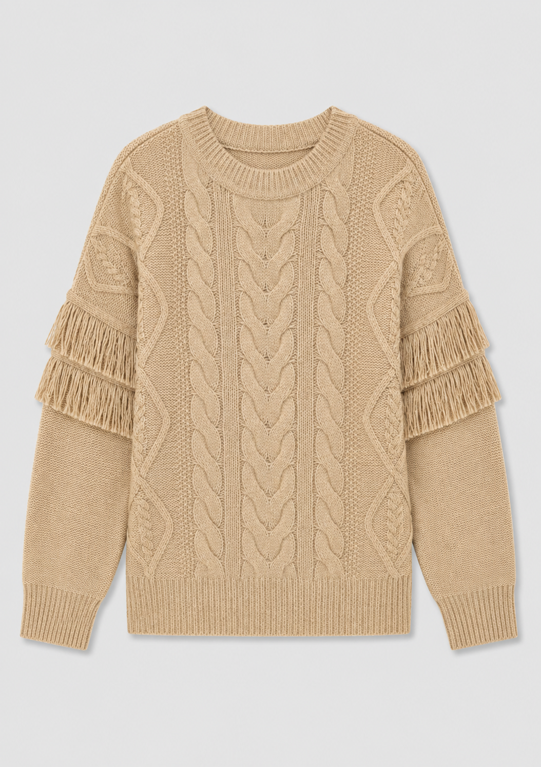 Fringe-Sleeve Cable Knit Sweater_Front